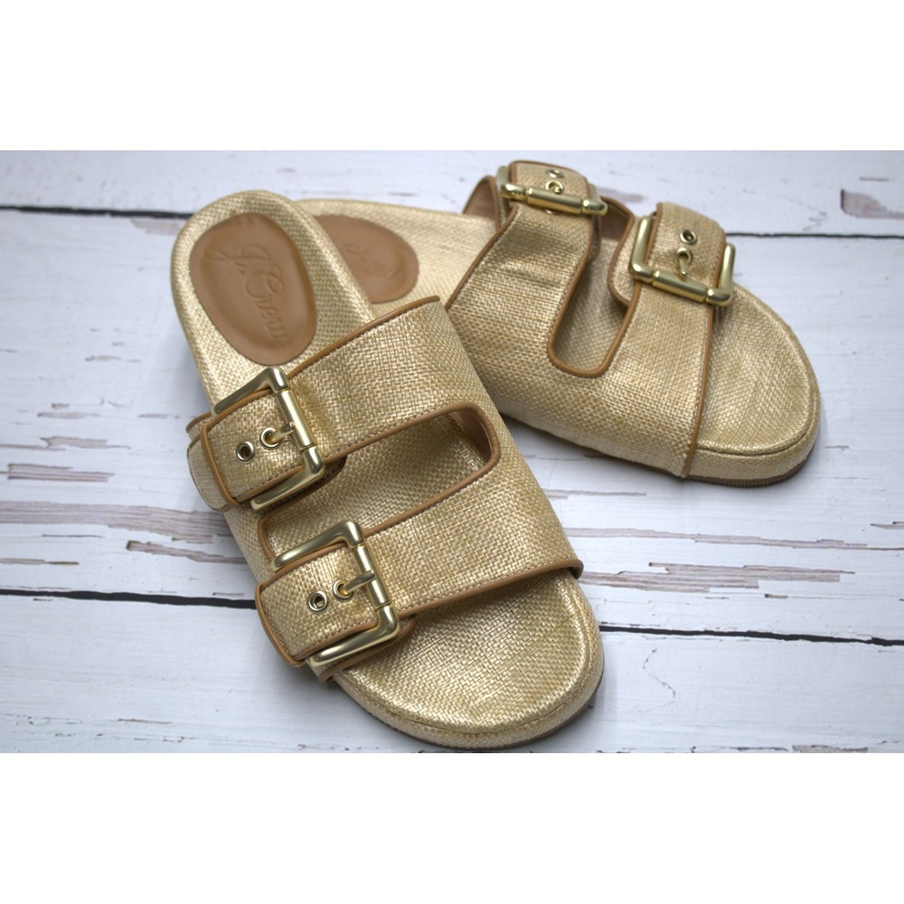 J.Crew Raffia Textile Buckle Slide Sandals Gold 6.5 Boho-Chic
